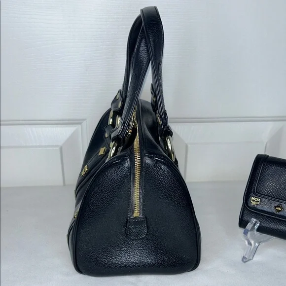 MCM Boston Mini Black Pebble Leather Bag, Matching Wallet Gold Hardware Vintage - Picture 6 of 17